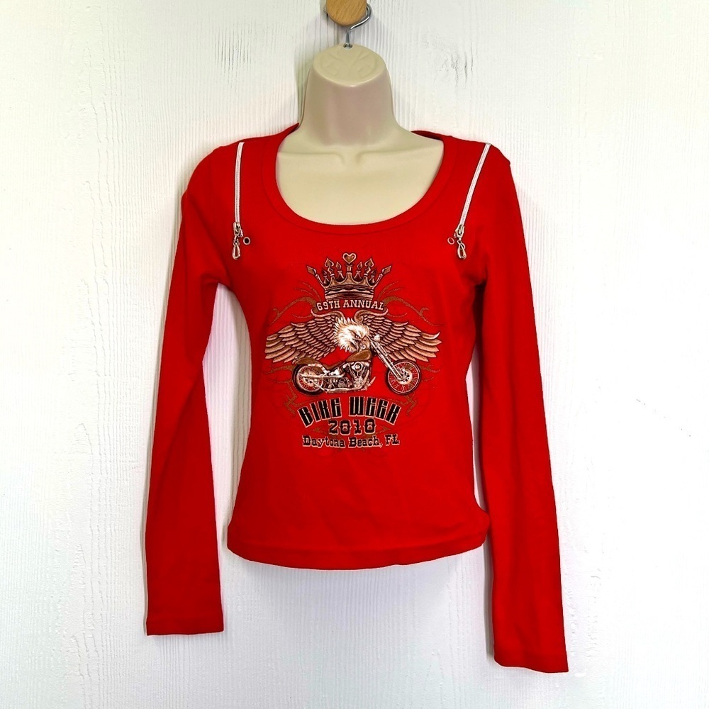 Biker Design - 2010 Bike Week Daytona Beach Florida Red Zipper Long Sleeve Top S